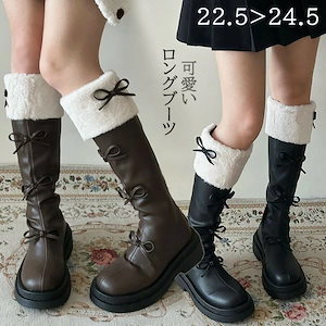 ロングブーツ レディース スノーブーツ ボア PU あったか 可愛い ふわふわ もこもこ lolita ロリータ リボン 防寒 通勤 滑りにくい 雪靴 ブラック ブラウン 22.5 23.0 23.5
