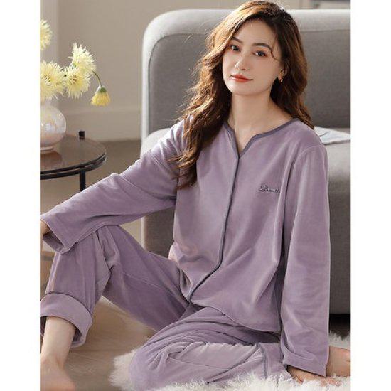 ルームウェア レディース 上下セット 2点セット 長袖 長ズボン かわいい パジャマ ナイトウェア 寝巻き 部屋着 おうち服 シンプル 無地 フリース 厚手 Ｖネック 秋冬 暖かい リラックス おしゃ