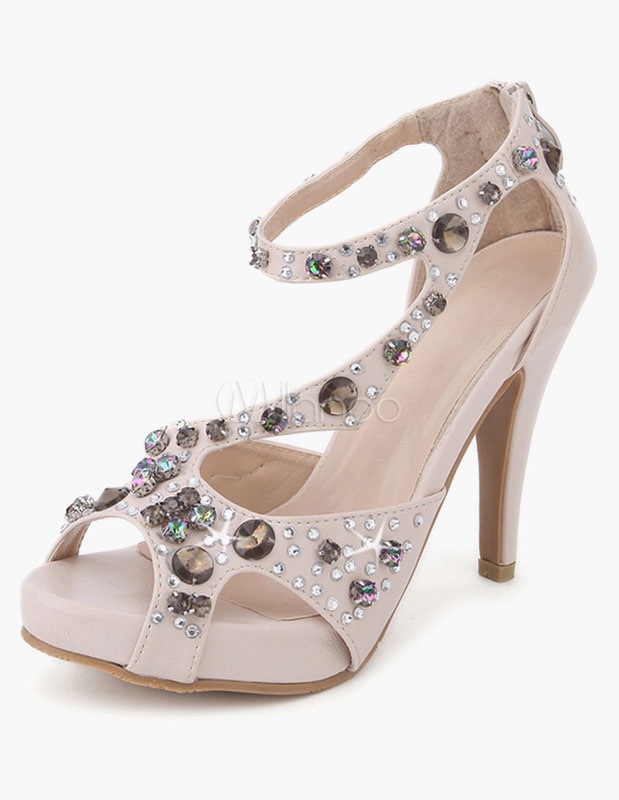 女性のためのアプリコットラインストーンPUドレスサンダル