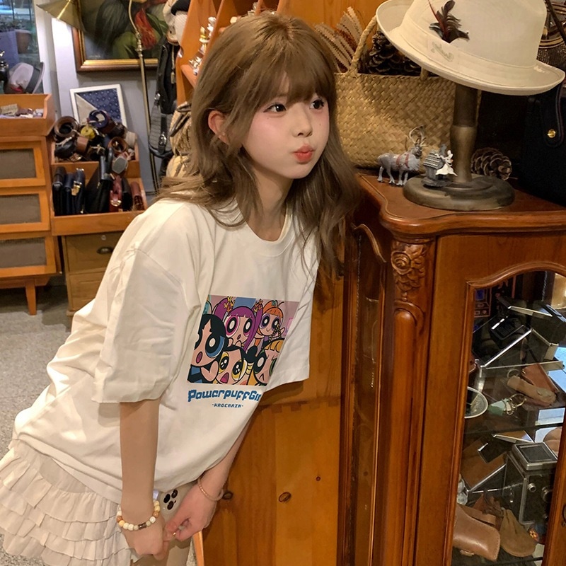 パワーパフガールズ半袖tシャツレディース夏新作ゆったりカジュアルニッチカップル同系純綿半袖tシャツ