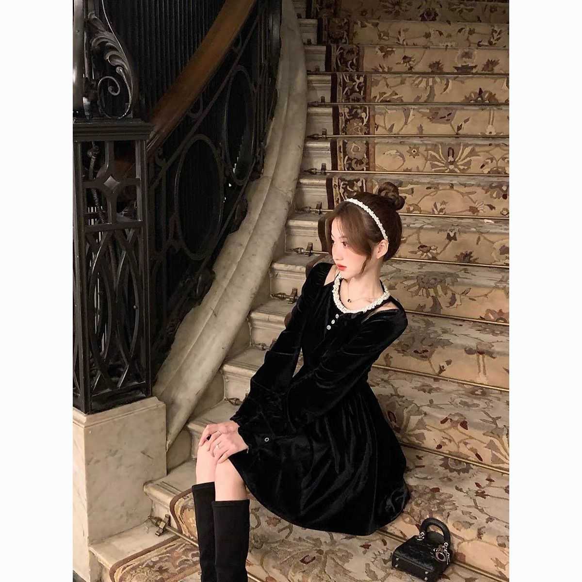 ドレス お呼びください パーティードレス ベルベット ダンスパーティー スカート 姫デコルテワンピース