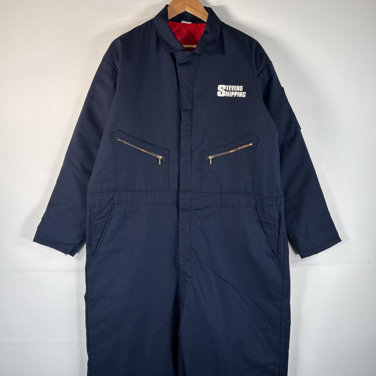 古着 90s/90年代 USA製 長袖つなぎ オールインワン ワーク 作業着 大きいサイズ 中綿 バックプリント XL -RG ネイビー メンズ