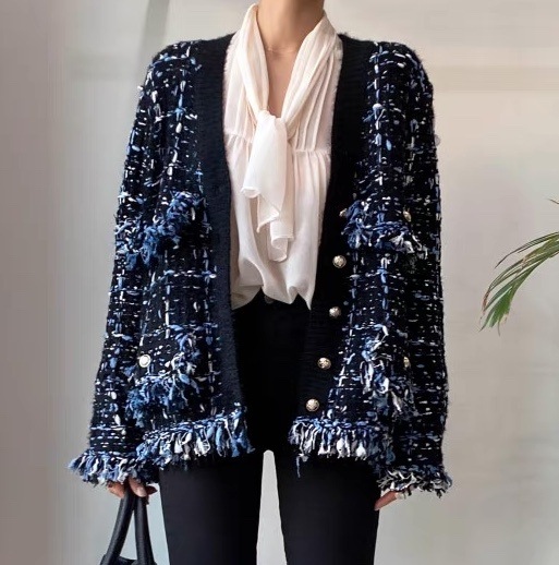 レディース ニット カーディガン フリンジ 長袖 前開き コンサバ ボタン バイカラー 配色 かわいい 大人可愛い 上品 おしゃれ かっこいい レトロ ガーリー ルーズ エレガント モダン 抜け感