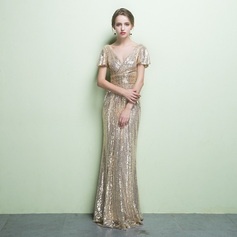 ワンピースドレスドレス女性向けのドレス2025バンケットゴールドスパンコールホストドレス長いスリムドレス