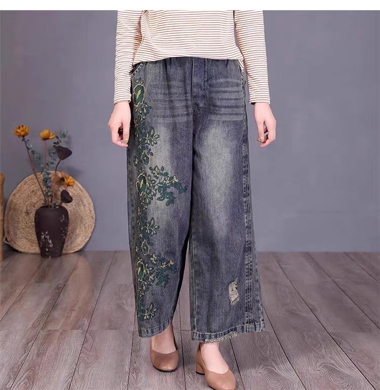 レディース パンツ Gパン ストレートパンツ ロングパンツ デニムパンツ 9分丈 アシンメトリー 丈長 ストレート オーバーサイズ フェミニン ストリート 刺繍 ポケット ハイウエスト 異国風