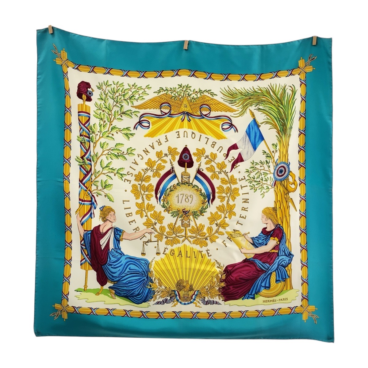 美品 1789 LIBERTE EGALITE FRATERNITE REPUBLIQUE FRANCAISE カレ90 グリーン マルチカラー シルク スカーフ 大判スカーフ レディース 50390