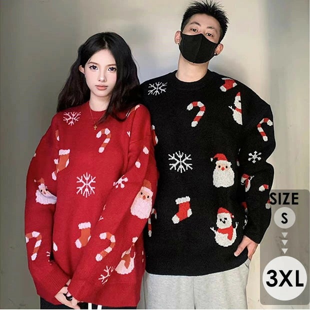 クリスマスセーター レジャーセーター ペアルック ブラック レッド s m l 2l 3l 4lカップルのセーター 長袖 上品 秋冬 おしゃれ サンタク ロース 厚手 dd240c0c0ze