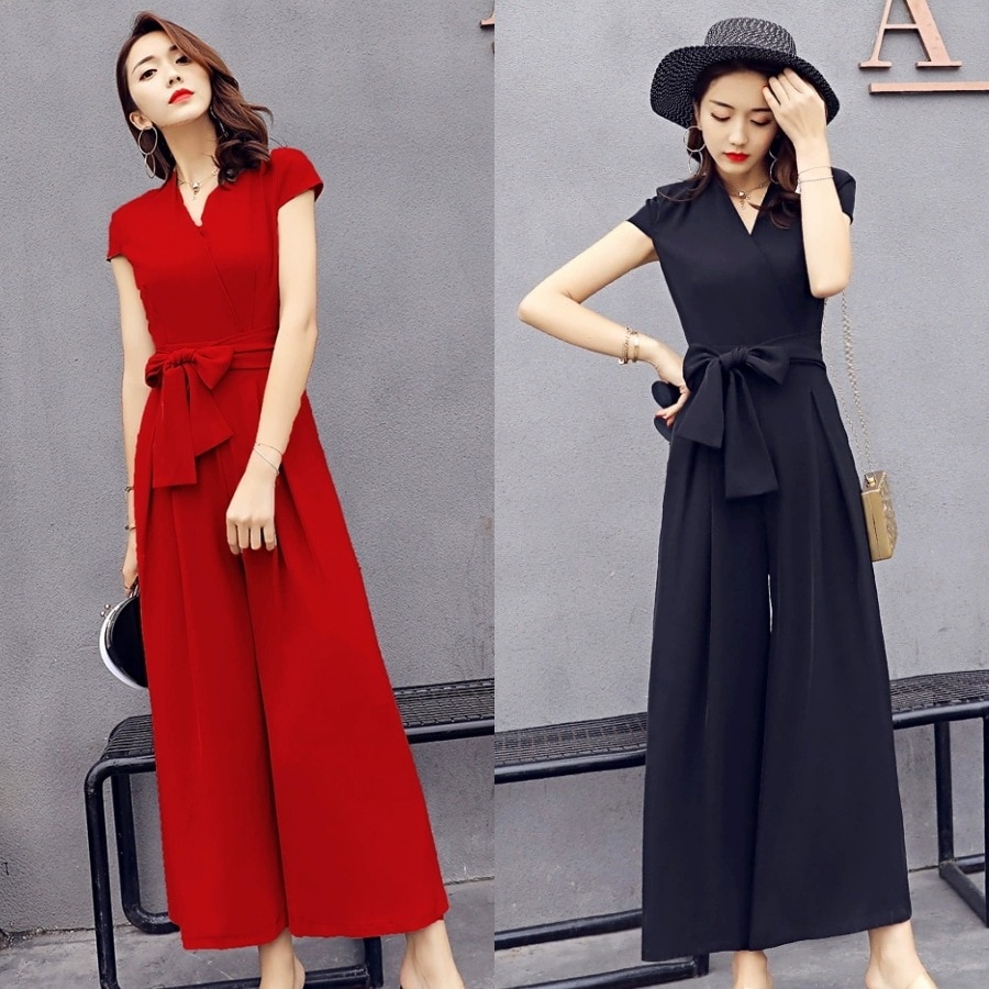 ワンピース オールインワン ジャンプスーツ ロング ロング丈 Vネック 襟付き 袖あり 半袖 Aライン ワイド ガウチョ ハイウエスト ウエストマーク ウエストリボン リボン ポケット キュート