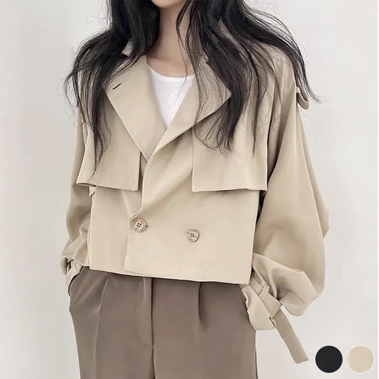 トレンチコート レディース 韓国 ショート丈 ダブルボタン アウター ショートトレンチ おしゃれ カジュアル クロップド丈 シンプル ベーシック 秋