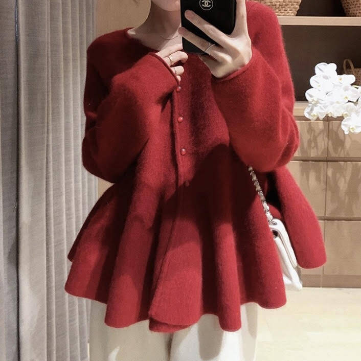 ペプラムカーディガン ペプラム　カーディガン スカートカーディガン プリーツカーディガン 高見えカーディガン カーディガン赤 カーディガン 赤 レッド 韓国 オルチャン レディース 長袖