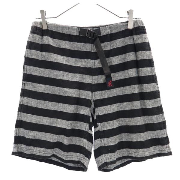 ビームスコラボ リネンブレンド ボーダー柄 アウトドアショートパンツ S 黒×グレー BEAMS メンズ