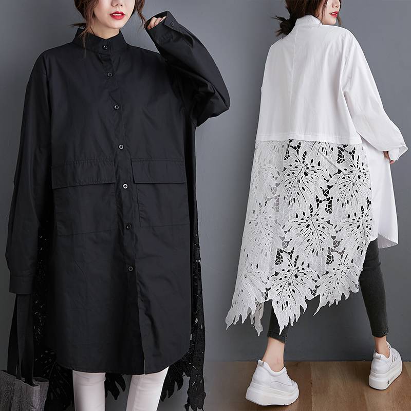 レディース トップス シャツ ブラウス ロングシャツ 白シャツ バックシャン デザイン アシメ アシンメトリー 花柄 レース ステッチ 透け感 フロントボタン ポケット付き ポロ襟 襟付き 長袖