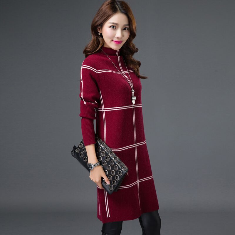 チェック柄ニットワンピース ワンピース セーター ミディアム丈 袖あり 長袖 ハイネック タイト