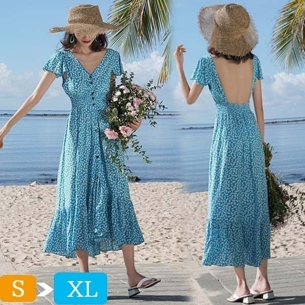 ハワイ リゾートワンピース マキシ丈 半袖 Vネック 背中開き ゴムウエスト 体型カバー 花柄 総柄 夏ワンピ ロングワンピース 沖縄 海外旅行 水色 レディース マキシワンピース おしゃれ 大人可愛 6,291円