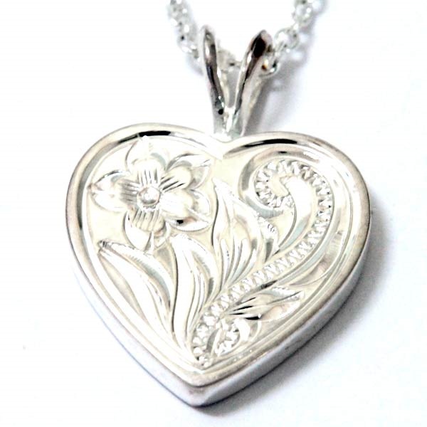 ハワイアンジュエリー ペンダント ネックレス ハート ボックス型プレート プルメリア 花 スクロール 波 リーフ 葉 レディース シルバー925