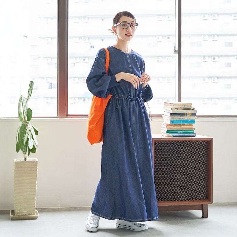 レディース ワンピース ロング 長袖 ボリューム袖 ラウンドネック フレア フェミニン ウエストマーク ポケット 大人可愛い きれいめ シンプル カジュアル おしゃれ かっこいい ラフ マニッシュ