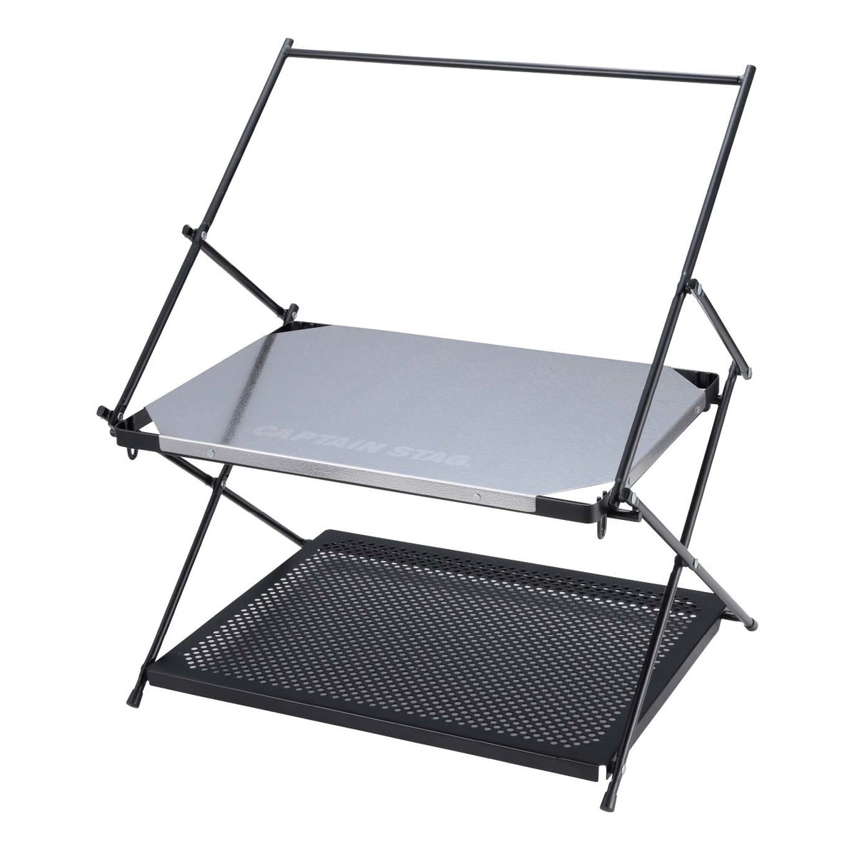 キャプテンスタッグ ハンギングテーブル 2段 UC-586 ステンレス テーブル アウトドア キャンプ ハンガーラック付 コンパクト収納 CAPTAIN STAGcm　裏貼