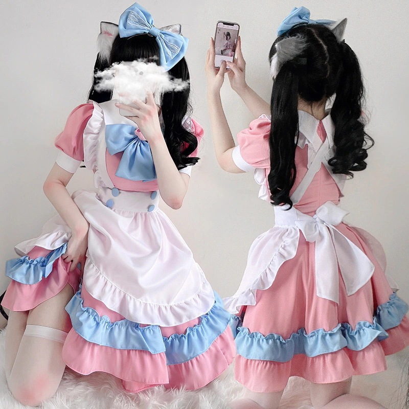 ピンクのメイド服 リボンメイド服 ロリータワンピース ふんわりシスターコスプレ衣装 アリスコスプレ衣装