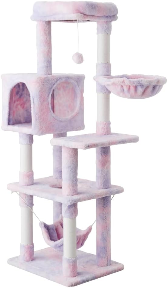 リコメン堂 キャットタワー 40×50cm 高さ140cm フランネル生地 据え置き スリム ハンモック ツリーハウス キャットハウス (パープル)