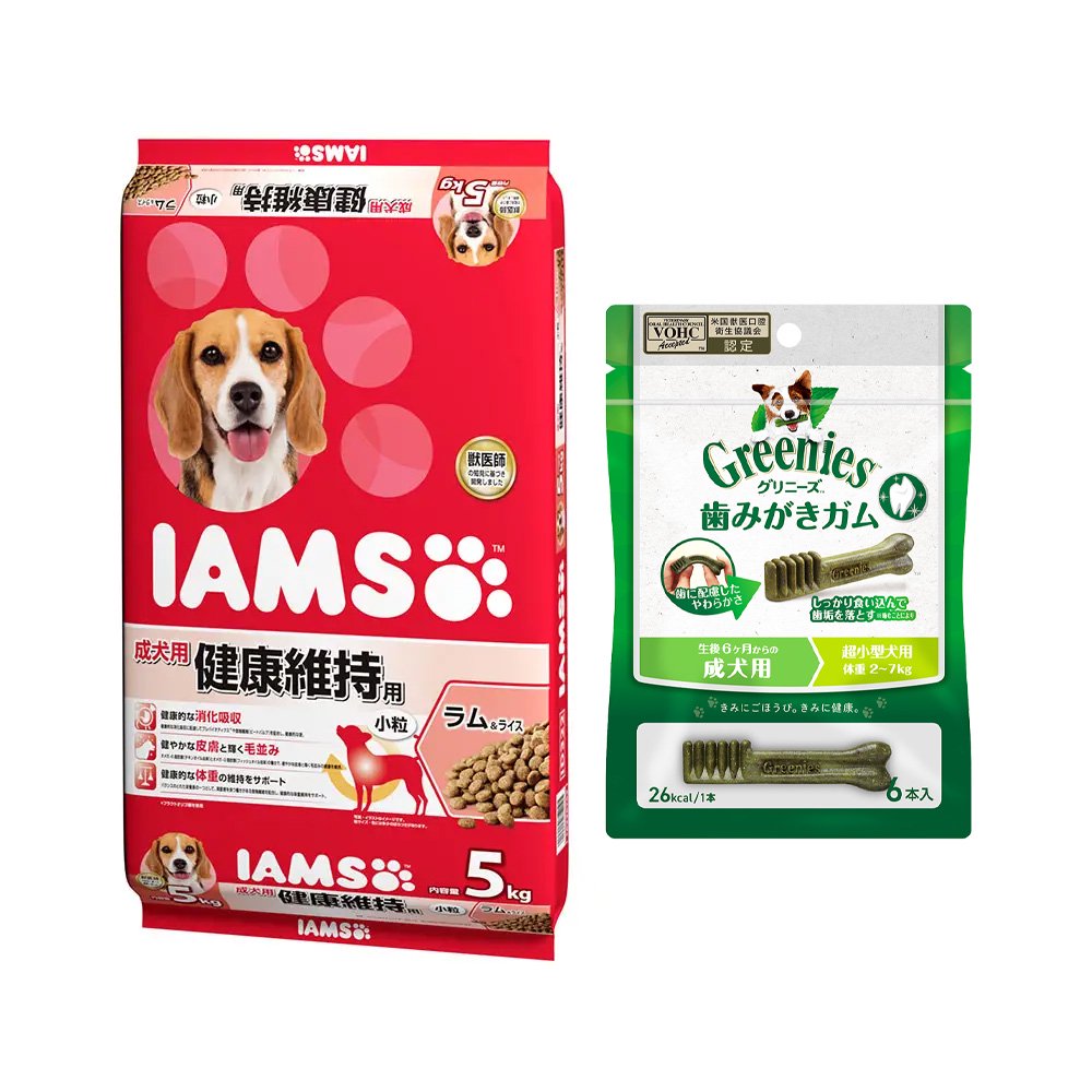 成犬用　健康維持用　ラム＆ライス　５ｋｇ＋グリニーズ　プラス　成犬超小型犬用　６本X１袋のおまけ付　ＣＲＣ45―05―40―01―20