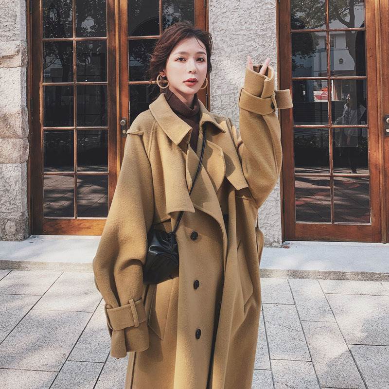 コート レディース トレンチ アウター ロング丈 厚手 暖かい 長袖 秋 冬 S M L XL キャメル レッド 無地 大きい襟 襟付き 前開き ボタン リボン ベルト コーデ Aライン 10代 20