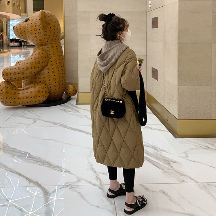 4色SM韓国秋冬新作ニット帽ダウンジャケットミディ丈のゆったりフード付きひし形チェックの膝上白アヒルのフリースコート