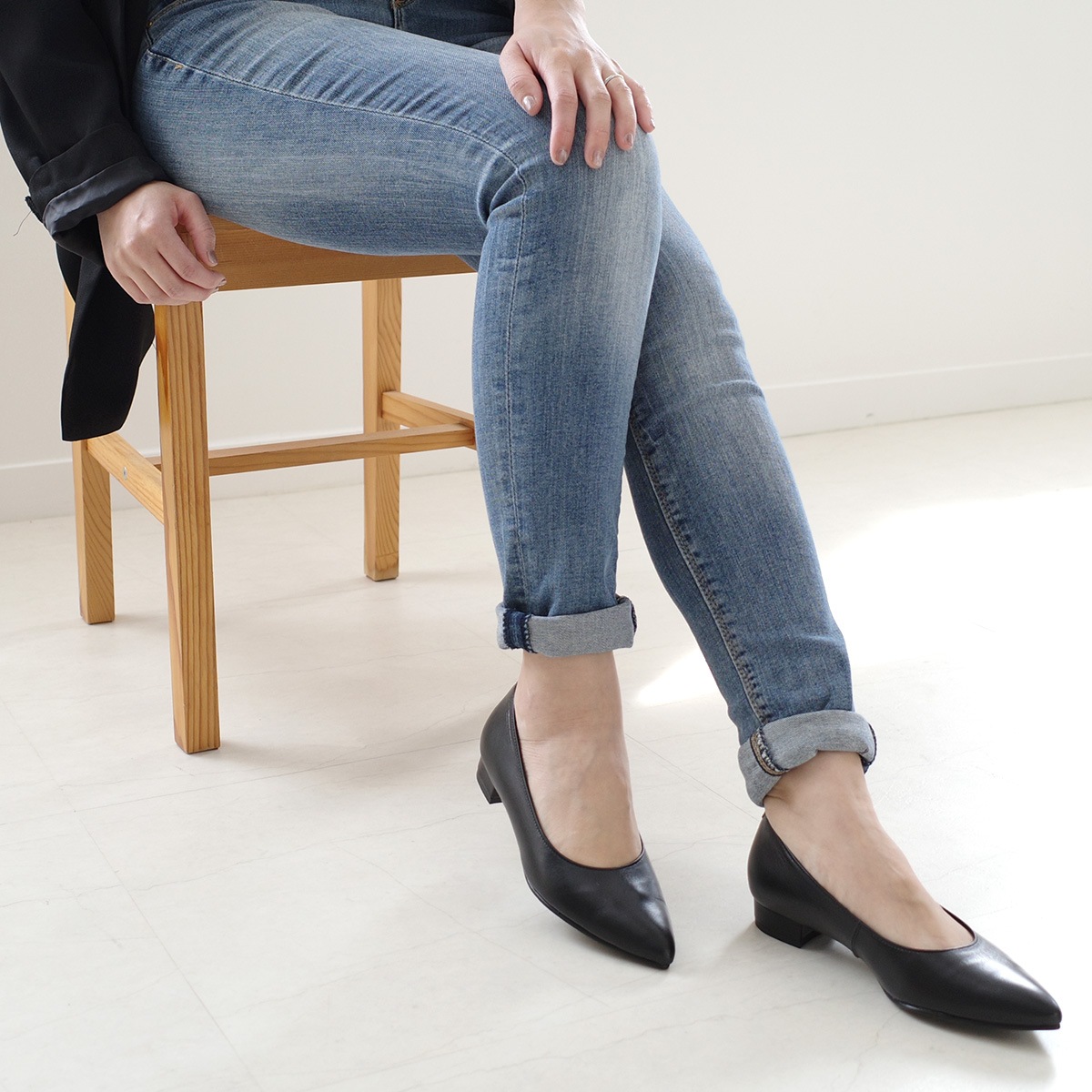 美脚ローヒールパンプス日本製本革 レディース