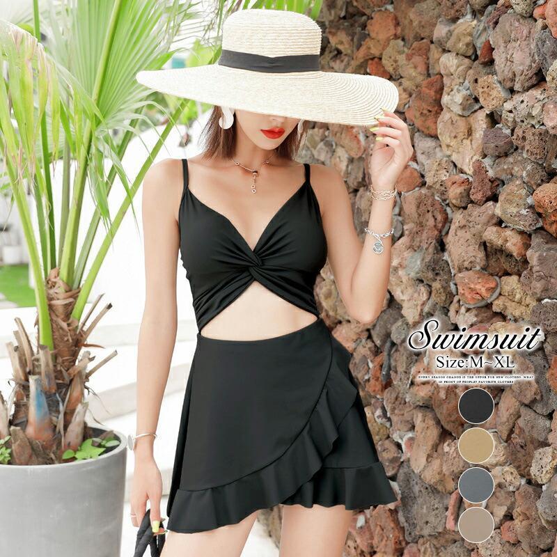 水着 ワンピース水着 体型カバー モノキニ ビキニ レディース フリル クロス 胸元 ノースリーブ ショートパンツ セット スイムウエア ハイウエスト 5,236円