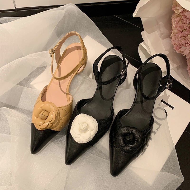 レディースシューズ 婦人靴 ミドルヒール ストラップ付きミュール ポインテッドトゥ アンクルストラップ レザー調 フェイクレザー 花 フラワー 配色 切替 脚長効果 スタイルアップ lsho0213