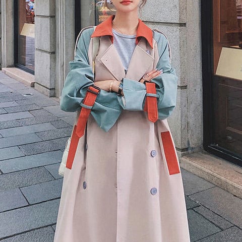 アウター 上着 コート トレンチコート ロングコート Ａライン 膝下丈 ミモレ丈 ロング丈 フレア 襟付き ダブルブレスト 配色切替 体型カバー スタイルアップ 可愛い かわいい きれいめ lout0