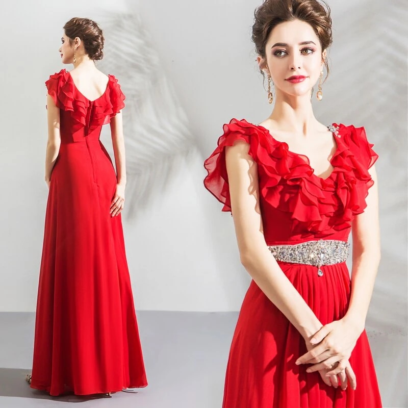 二次会 結婚式 パーティードレスレッド 花嫁ウエディングドレスウエディングドレス シンプルワンワードショルダー花嫁ウエディングドレスディナーパーティーパーティードレス演奏会 キラキラダイヤモンド