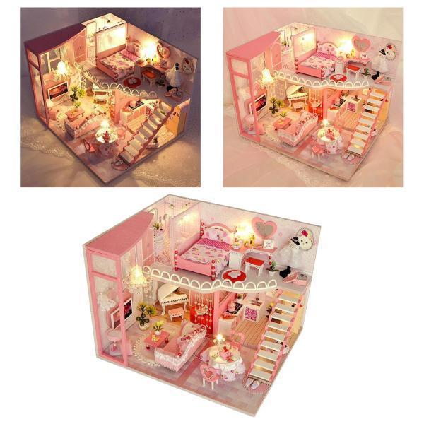 DIYハンドクラフトドールハウス家具キットピンクの建物パズル寝室にから女の子