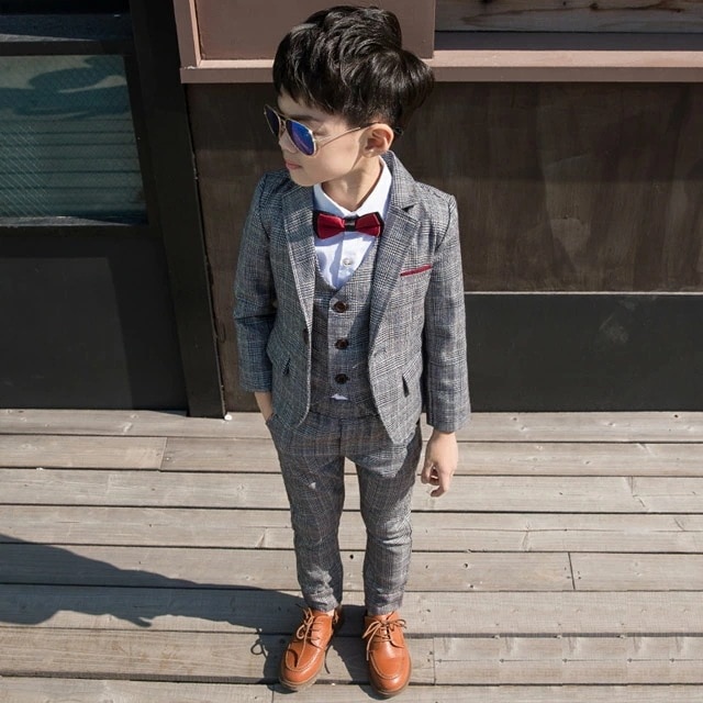 子供スーツ グレー チェック柄 6点セット 入学式 卒業式 スーツ 男の子 タキシード 礼服 結婚式 子供服 子どもスーツ キッズスーツ ピアノ発表会 演奏会 ジュニア服 ジャケット＋ベスト＋シャツ＋