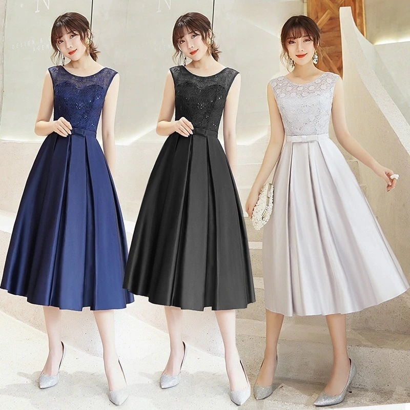 冬 グレー ミディ スリム エレガント同窓会発表会パーティー結婚式演奏会お呼ばれドレス