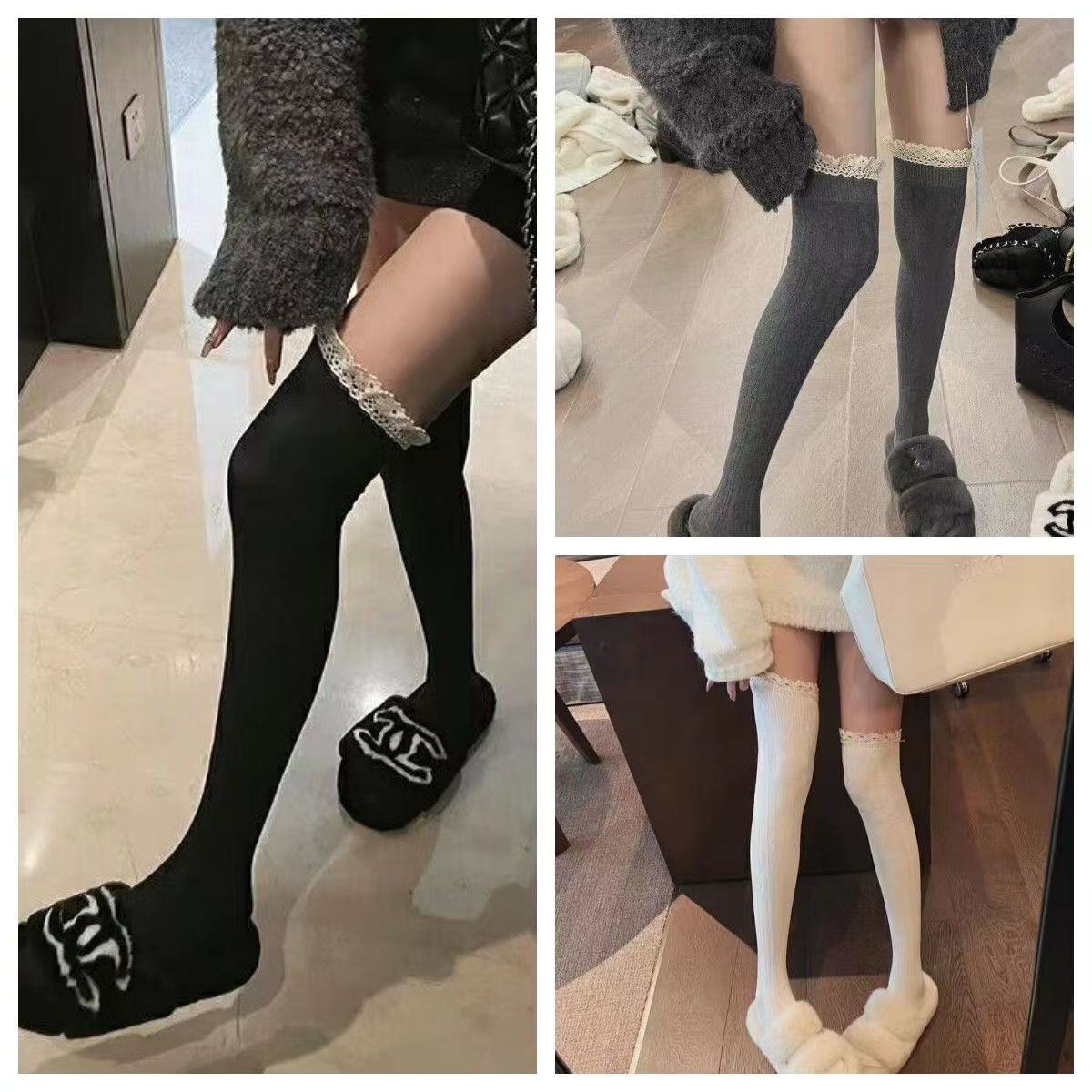 （NEW)ピュアディザイア カレッジスタイル レース オーバーニーソックス フェミニン 美脚 レトロ スプライス ストッキング ソックス 秋冬 プリンセス