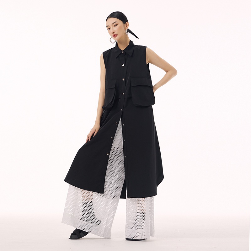 【J.Fashion】 ロングベスト カーディガン ノースリーブワンピース おしゃれ レディース 大きいポケット 袖なしワンピース 関連商品購入可能 メガ割