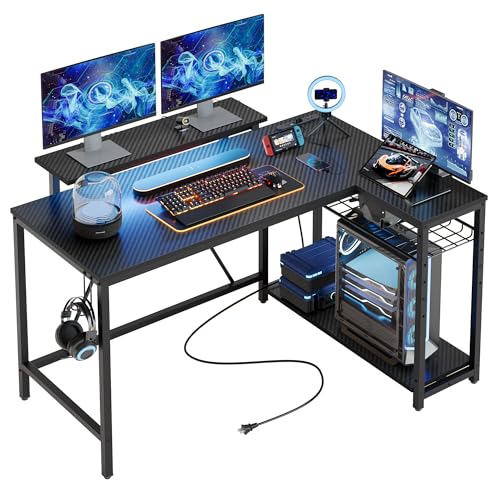 ゲーミングデスク L字型 コンセント付き 収納ラック LEDライト モニター台付き ブラック 13,565円