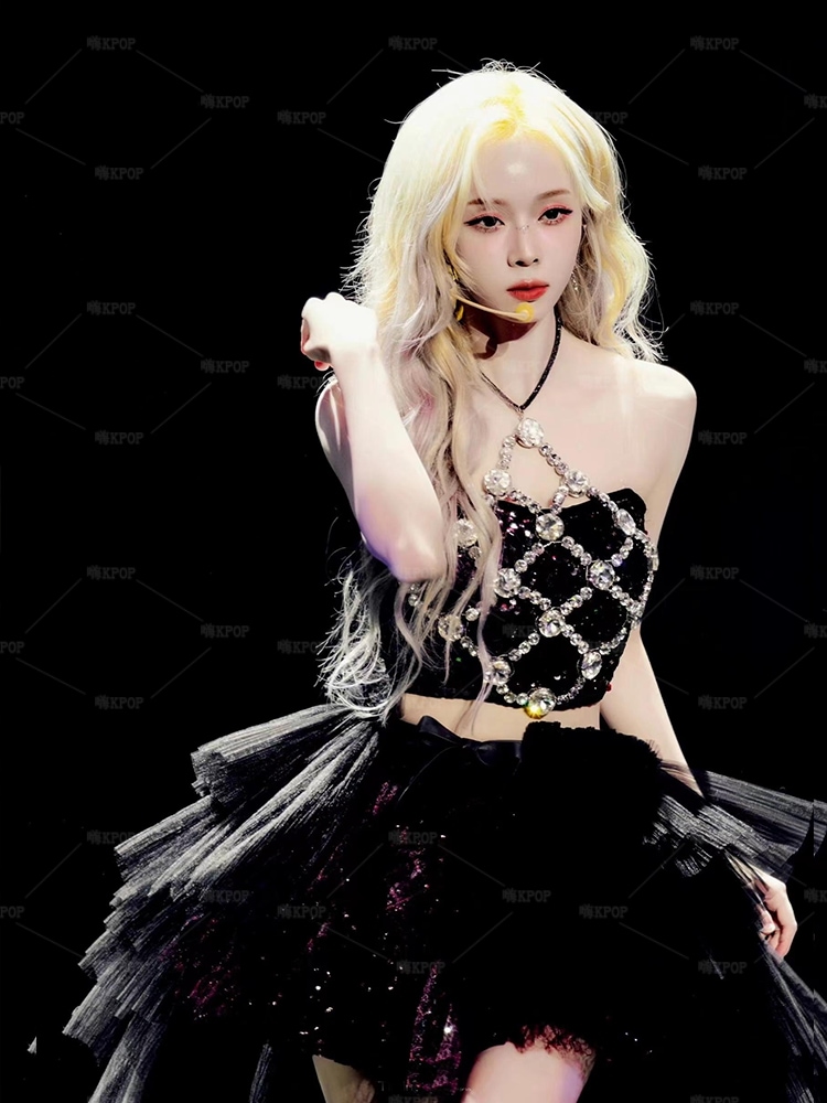 AespaGirls groupJinMintingBeadedSequStrapbreastmeshSkirtSetHipHopDanceWithes