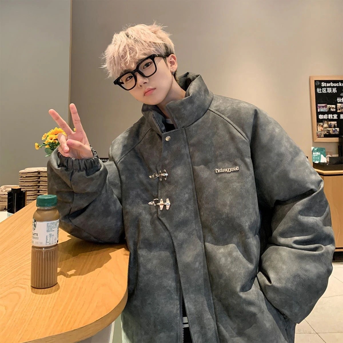 【送料無料】PU 皮ジャケット綿服 メンズ 冬服 ファッション ゆったり 立ち襟トップス アウター 感 カジュアルコート