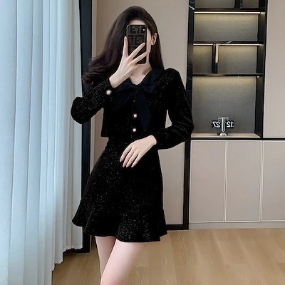 フランス式 小さい香 セット2025秋冬 気質 上着ブライズメイド 回門服 半分 スカート 2セット