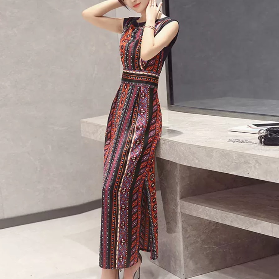 ワンピース レディース 2色 ロングワンピース S M L XL 韓国 ロング丈 ノースリーブ スリム タイト 細身 ストレート Iライン スリット サイドスリット ハイウエスト 無地 花柄 小花柄