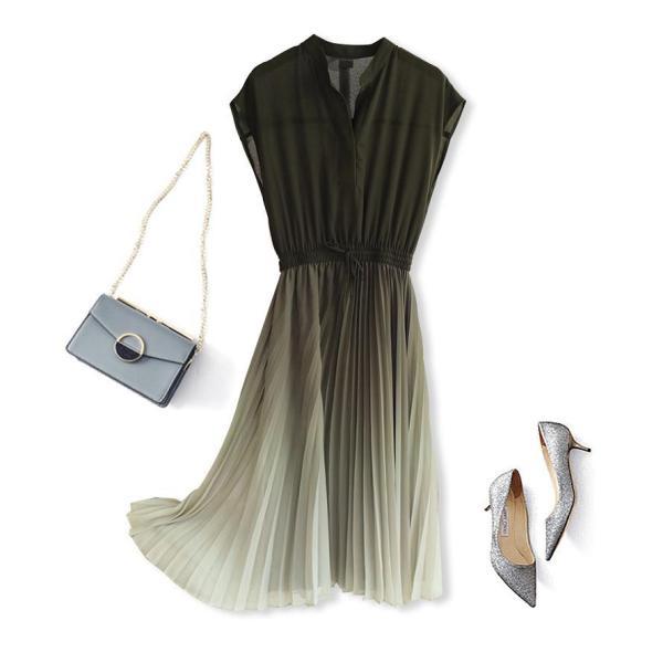 ワンピース グラデーション ロング シャツ 夏 半袖 プリーツ Aライン おしゃれ ミモレ丈 ハイウエスト 着痩せ デート 二次会 ドレス 通勤 体型カバー キレイめ