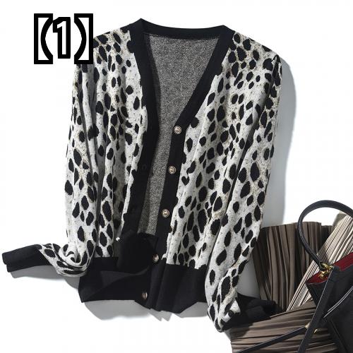 ヒョウ柄 ニット セーター レディース レオパード トップス デザイン ジャガード Vネック カーディガン アウター 黒
