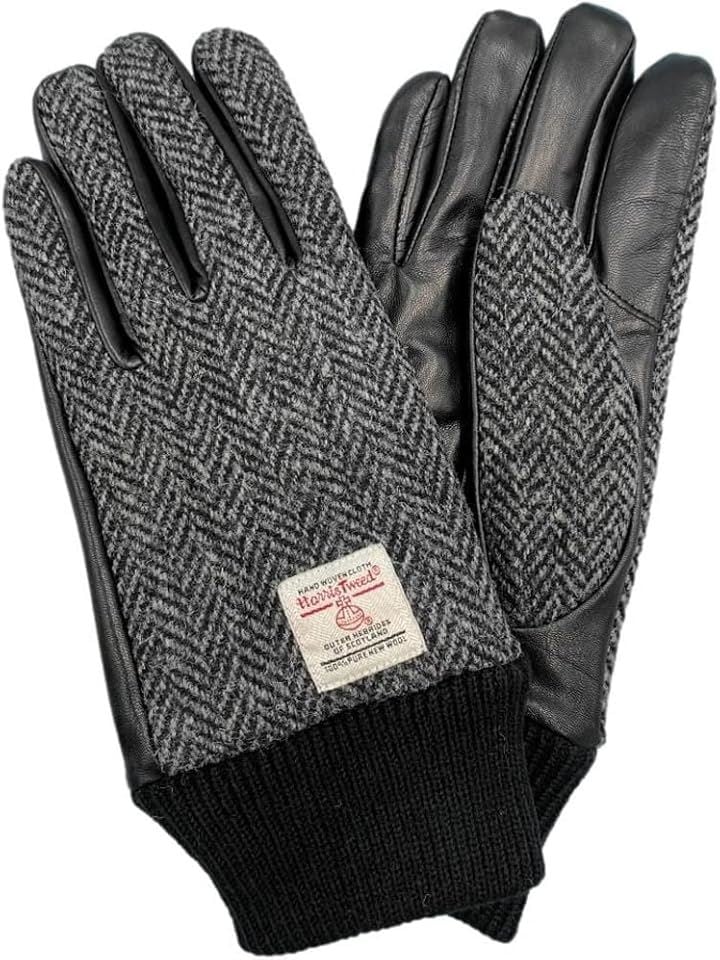 ハリスツイード HARRIS Tweed x羊革手袋 メンズ ニットカフス スマホ対応 裏ボア チャコールへリンボンHBGL011 CGYH(チャコールへリンボン, M)