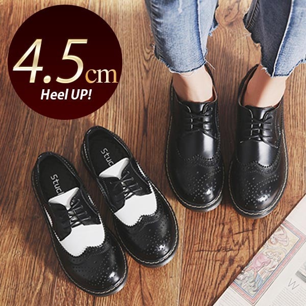 レディース レースアップ ブローグシューズ 本革 カジュアル 4.5cmヒール ブラック ホワイト 4,993円