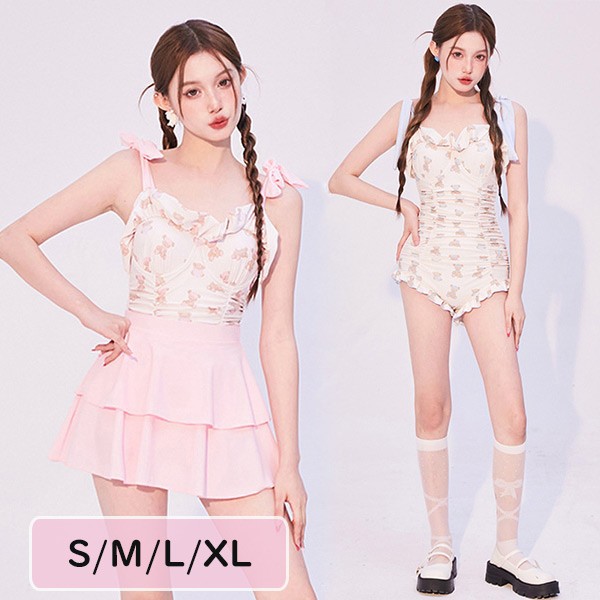 水着 レディース ワンピース水着 スカート 2点セット パッド付き ワイヤーなし 学生風 かわいい 肩出し 着痩せ セクシー 撮影 写真用 映える 温泉 プール ビーチ ブルー ピンク S M L X