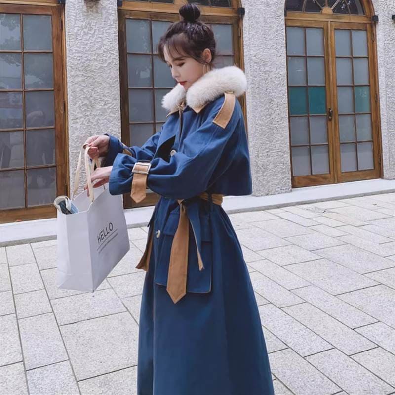 アウター コート ロングコート ロング 長袖 Vネック 襟付き ドッキング ストリート ポケット 前開き バイカラー ファー フェイクファー ベルト付き かわいい 大人可愛い カジュアル おしゃれ か