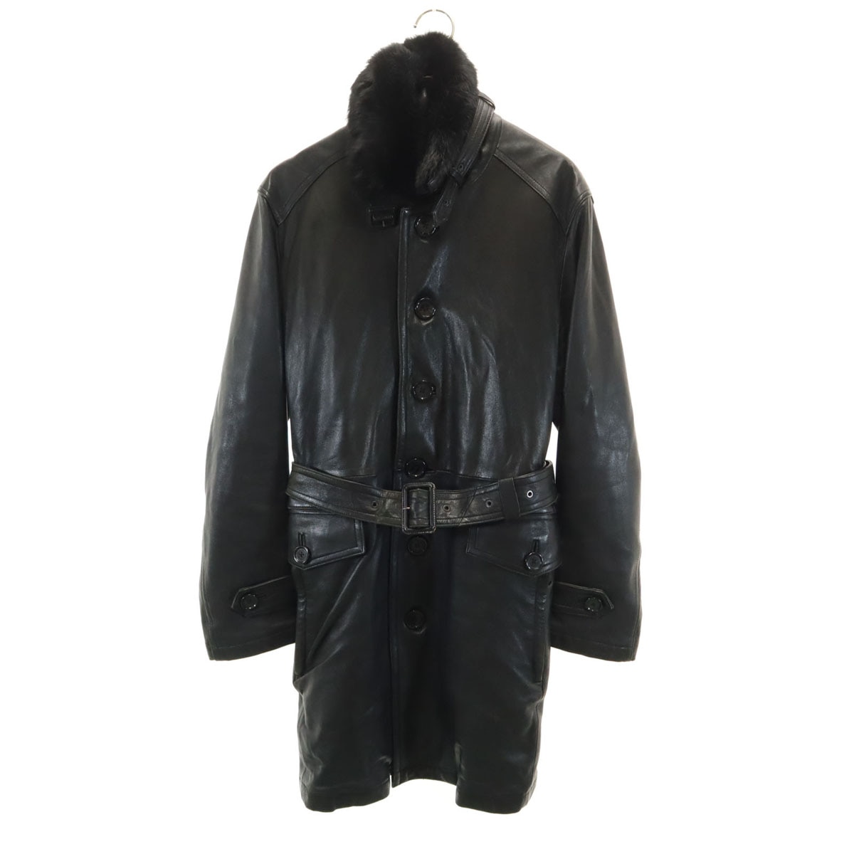 BURBERRY BLACK LABEL バーバリーブラックレーベル ファー付き レザーコート L ブラック 三陽商会 メンズ 古着
