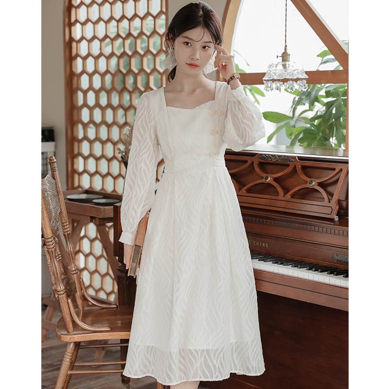 ワンピース レディース ロングワンピース 長袖 スクエアネック アジアンノット タックフレア Aライン