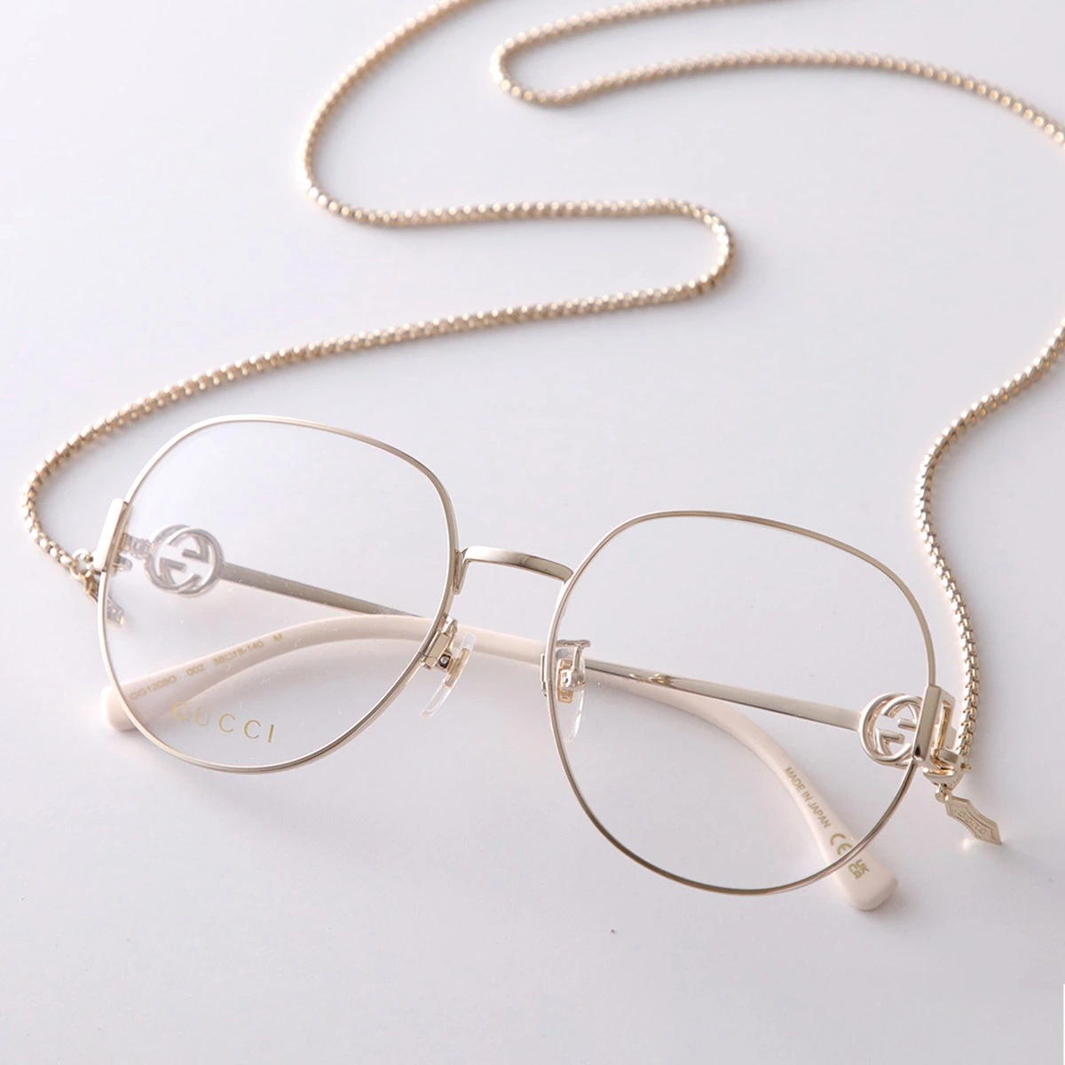 GUCCI グッチ メガネ GG1208O レディース ボストン型 メタルフレーム フルリム チェーン付き クリングスタイプ 002/GOLD-GOLD-TRANSPARENT